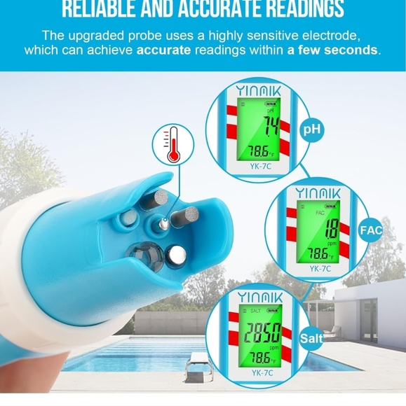 Pool Chlorine pH Tester YINMIK Free Chlorine Salt pH Tester 7 in 1 Digital - Picture 5 of 9